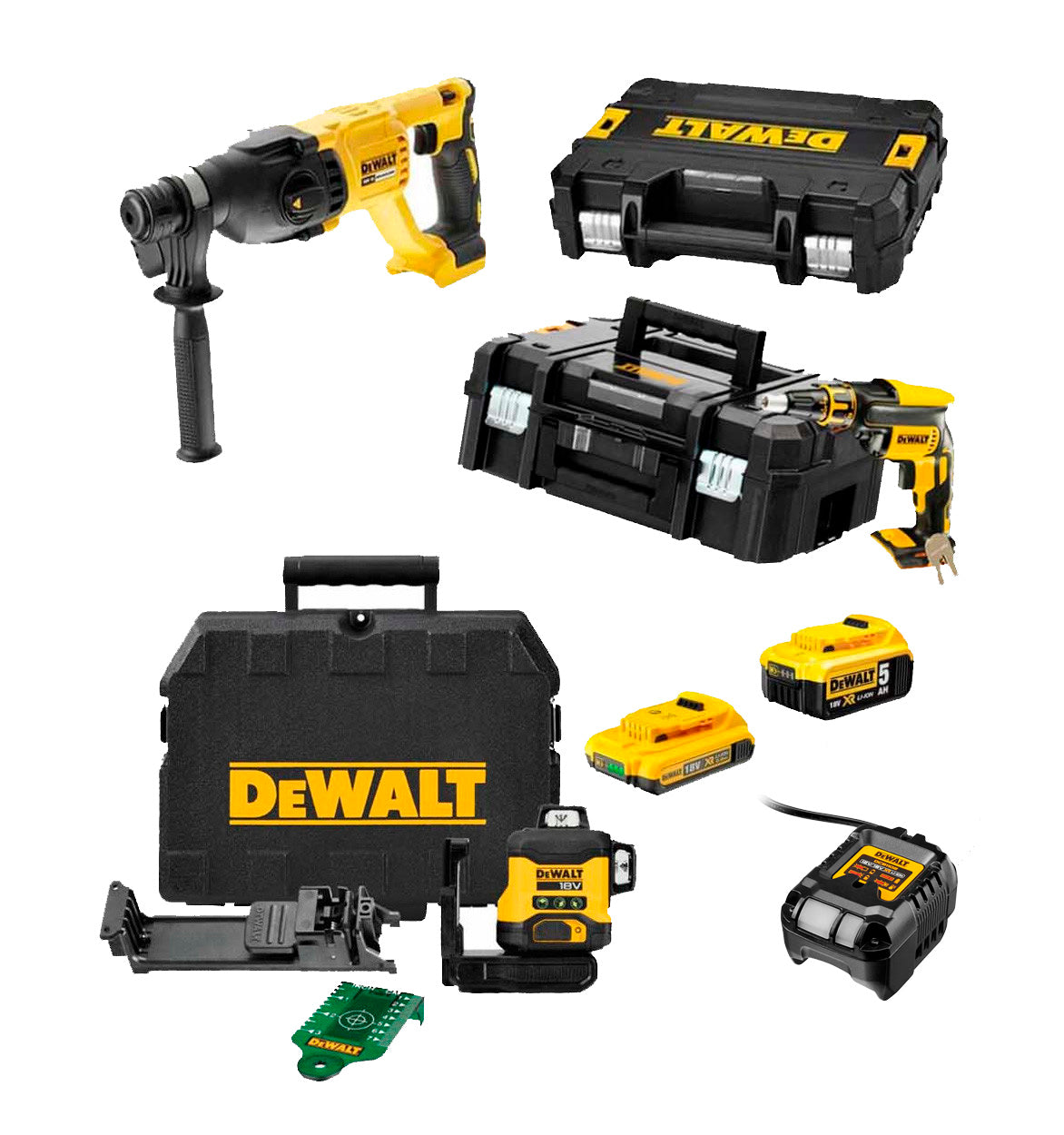 Mega Combo Panel Yeso: Atornillador DCF620+ Martillo DCH133+ Nivel DCLE34031N + 2 Baterías 18V Dewalt