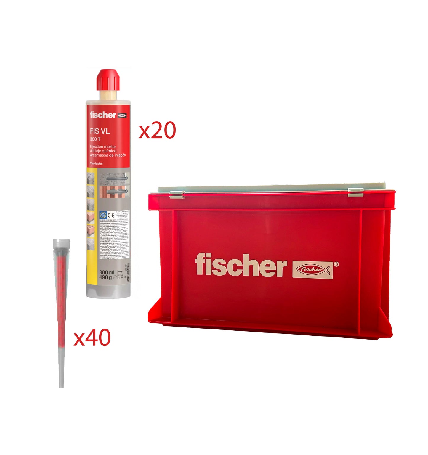Pack 20 Cartuchos Taco Químico 300ml FIS VL 300 T + 40 boquillas + caja Fischer 574270