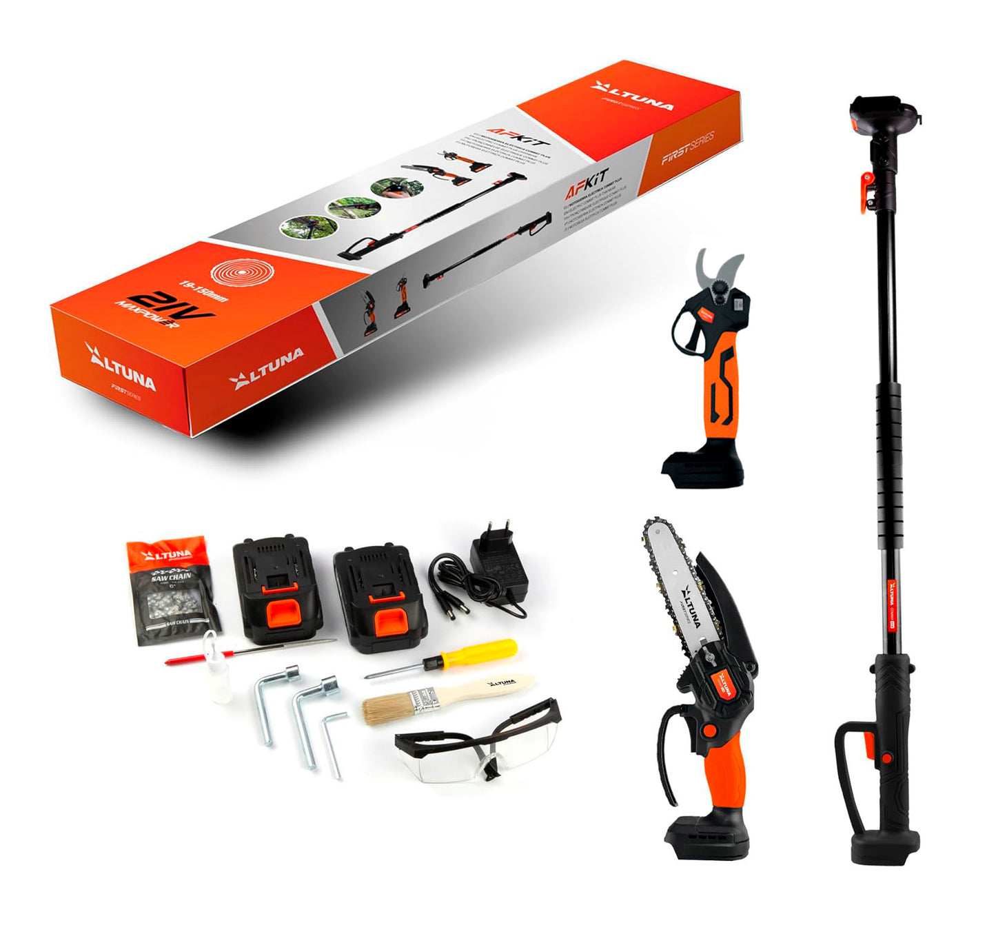 Kit de poda a batería con Motosierra + Tijera de poda + Pertiga telescopica Altuna + 2bat 2Ah AFKIT