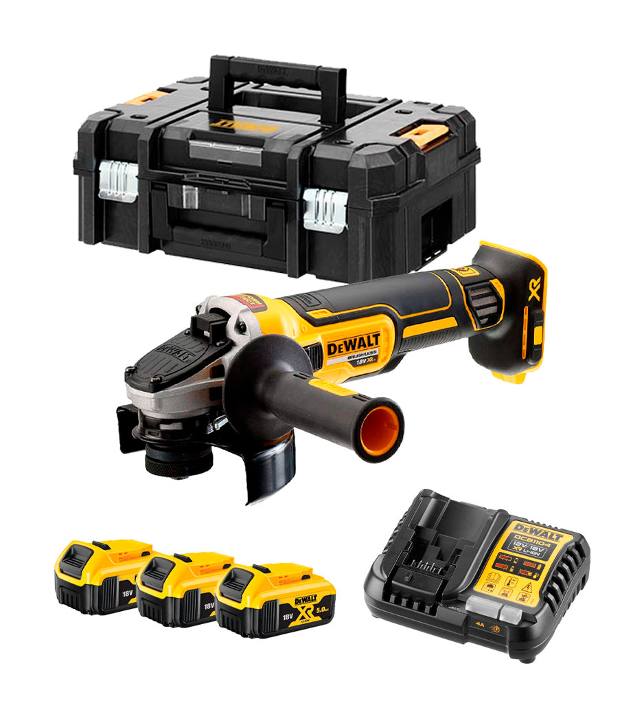 Amoladora 18V XR 125mm con 3 baterías 5Ah + Cargador + Maletín Dewalt DCG405P3